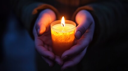 A person holding a lit candle during a peace vigil, symbolizing light and hope in darkness