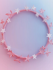 Obraz premium 3D circular frame in pastel tones, adorned with floating crystal and flowers elements for a luxurious minimalist appearance