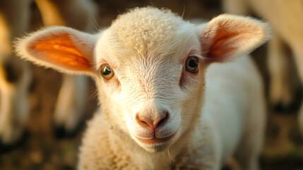 Obraz premium A playful lamb looks straight at the viewer, her big eyes reflecting curiosity and innocence in a lovely rural setting
