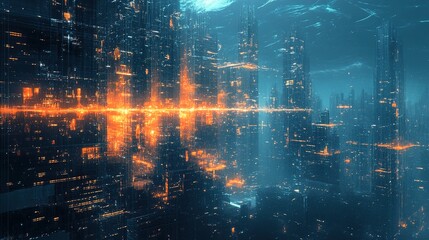 Fototapeta premium A futuristic cityscape is depicted under a deep blue sky with glowing orange lights scattered throughout the towering skyscrapers. The city features a densely packed array of illuminated buildings, su