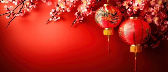 Two Red Chinese Lanterns Hanging from a Branch of Pink Flowers