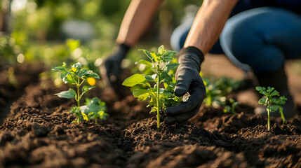 Fototapeta premium Close up of a hand planting a small green plant in soil.