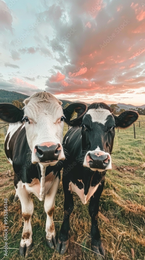 Poster Two cows standing next to each other in a field