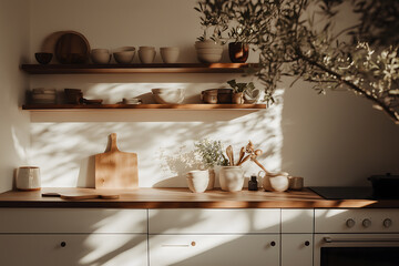 Minimalistic Photograph of a Kitchen with Ceramic Pottery Objects and Fresh Color Palette