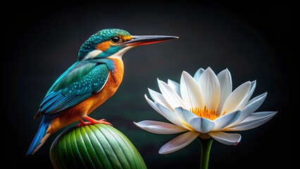 Common kingfisher perched gracefully on a lotus flower against a black background