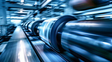 Rapidly moving rolls create an impressive motion blur, showcasing the efficiency of the newspaper printing process in a dynamic factory environment