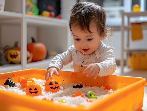 Toddler Playing with Pumpkin Toys in Sensory Bin