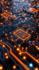 Abstract Circuit Board with Glowing Orange Lines.