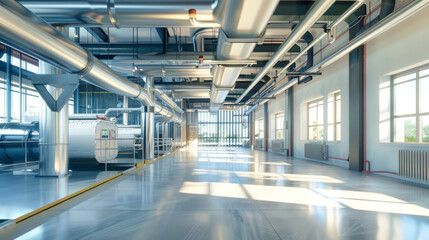Naklejka premium The spacious interior highlights a network of steel pipes and ventilation systems, emphasizing functional design and practical engineering in a modern facility