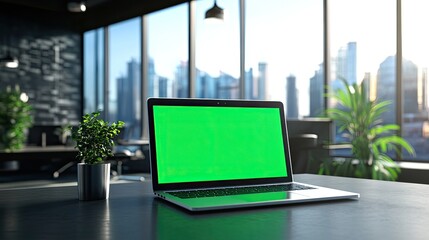 A modern office scene featuring a laptop with a green screen and a plant.