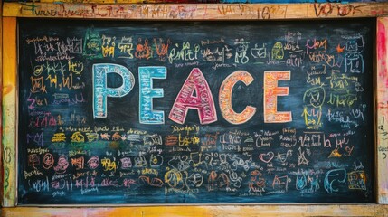 Obraz premium A chalkboard with the word 'Peace' written in multiple languages, promoting global understanding