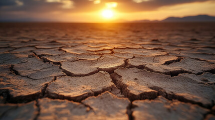 Obraz premium Close up of cracked earth during a sunset with mountains in the distance.