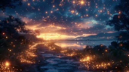 A romantic evening under the stars, where fireflies create a luminous canopy overhead, their gentle pulses of light adding a