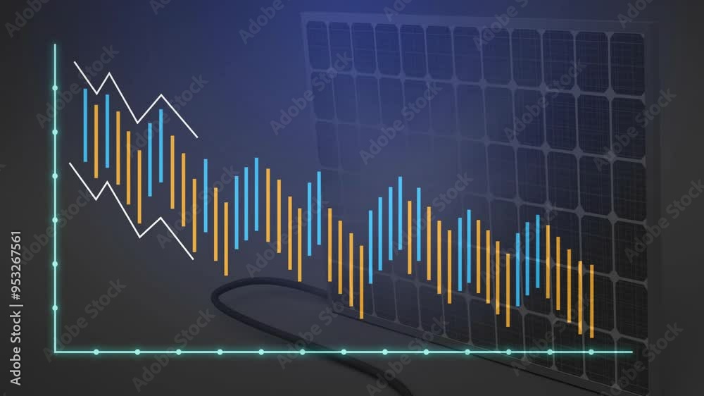 Poster fluctuating bar and line graph animation over solar panel background