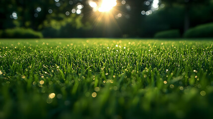 Naklejka premium Close up of dewy green grass with sun shining through trees in the background.