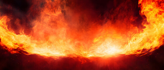 Dramatic fire and smoke effect glowing red and yellow colors exploding outwards with center space. Vivid and hot hell abstract or blazing fire background or wallpaper