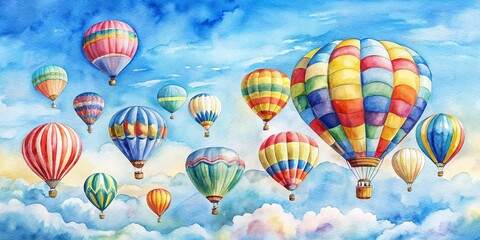 Obraz premium Watercolor of colorful hot air balloons floating in a blue sky
