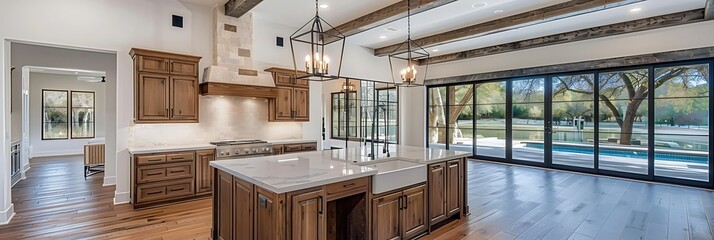 Modern kitchen interior with stainless steel appliances, sleek white cabinets, and marble