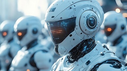 Fototapeta premium Cybernetic police force, patrolling a high-tech city with drones and augmented reality glasses, 3D illustration