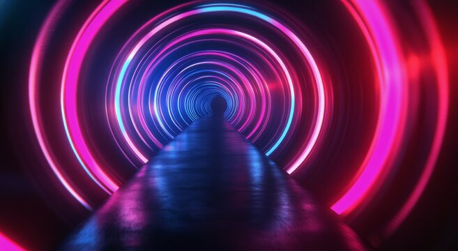 Vibrant neon tunnel illuminated by colorful lights envelops the viewer in an immersive experience