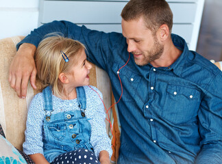 Earphones, dad or girl child in home for love or music to relax together with single parent or song...