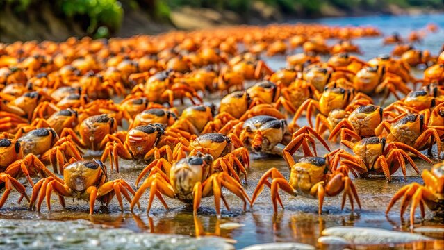 Vibrant image of a large group of orange fiddler crabs scuttling along the shore