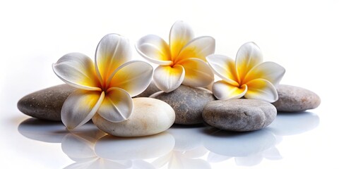 Close-up of spa stones with frangipani flowers on white background