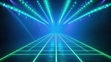 Neon Grid Pathway in Dark Room.