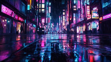 Obraz premium A bustling city street at night is illuminated by a multitude of vibrant neon lights emitting from signage written in various languages, predominantly Japanese. The street is wet from the rain, with r