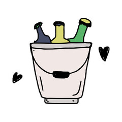 Beverage bottles in a bucket. Oktoberfest beers doodle sticker. Hand drawn vector art style. Beer festival. St. Patrick's Day. Naive childish art