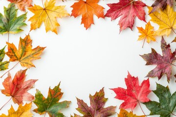 Fototapeta premium Autumn Maple Leaves Flat Lay White Background created with Generative AI