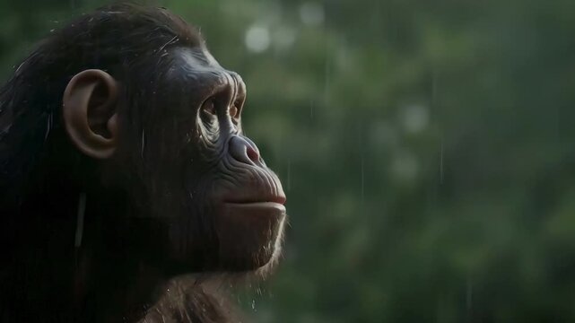 Video recreation of hominid face looking with happiness the rain falling in the jungle