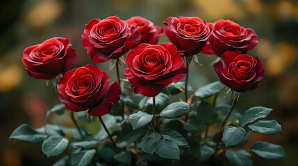 Close-up of a bouquet of velvety red roses with green leaves.