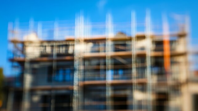 A blurred image of a construction site featuring scaffolding and a building under development.