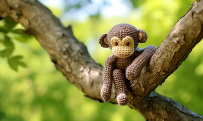 Fototapeta premium Crocheted Monkey on Oak Tree Branch