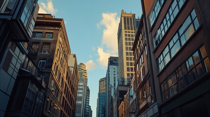 Fototapeta premium A photograph capturing an upward view of tall buildings lining a narrow urban street. The architectural styles vary, featuring a mix of classic brick facades and modern glass-front structures, creatin