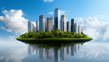 Fototapeta premium A Floating Island With Green Trees And Buildings In The City