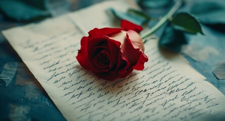 A red rose placed on a handwritten letter resting on a textured surface in soft lighting