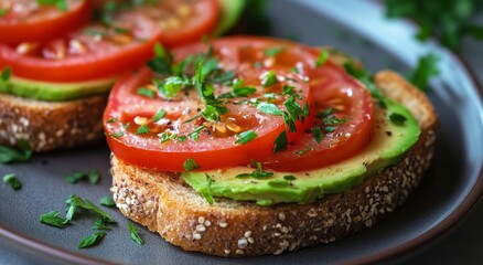 Fresh avocado toast topped with ripe tomatoes and herbs on a rustic plate
