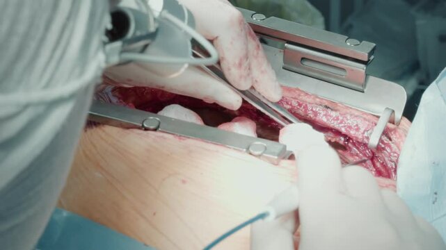 Advanced laser treatment at medical center. Skilled doctor uses precision tools during intricate coronary artery bypass surgery in hospital