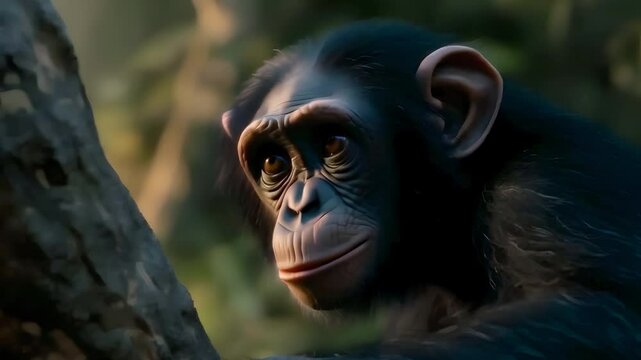 Video Recreation of a portrait of a young hominid in the jungle