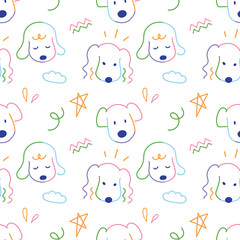 Cute dogs face hand drawn doodle with colorful line seamless pattern background for wrapping and wallpaper