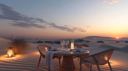 A romantic dinner for two in the desert, with the sunset and a table set up in the white sand dunes