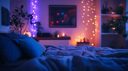 A cozy bedroom with soft lighting and decorative plants, creating a relaxing atmosphere.