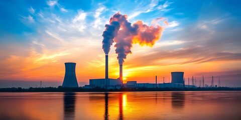 Smokestacks Emitting Steam Against Sunset Sky