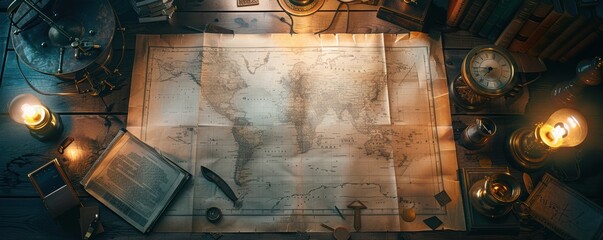 Vintage Map with Antique Exploration Tools