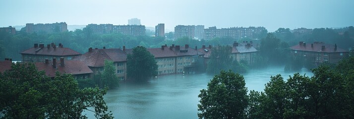 Fototapeta premium Flooded Cityscape During Heavy Rainfall.