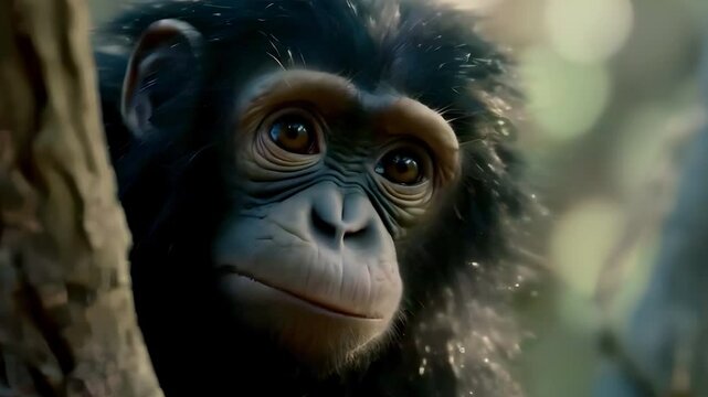 Video Portrait of a nice baby hominid in the jungle