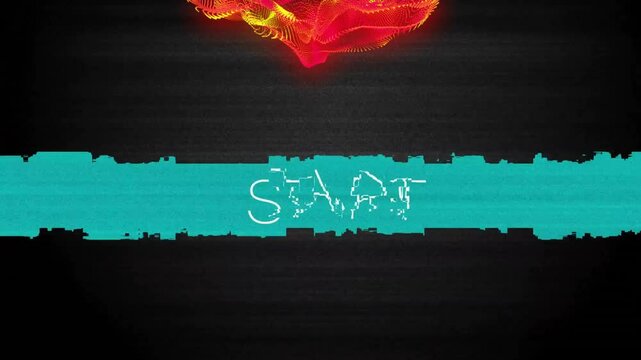 START text animation over glitch effect and red abstract shape on black background