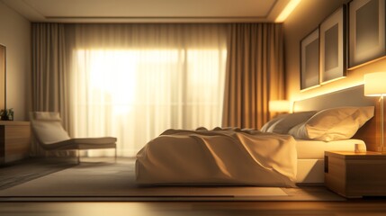 A serene and modern bedroom bathed in warm light, featuring a comfortable bed, soft linens, and a cozy atmosphere.